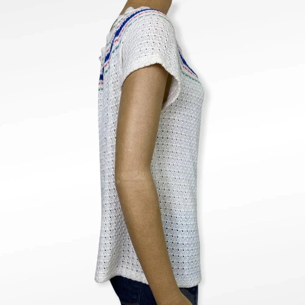 Vintage Crocheted Peasant Blouse Short Sleeve Knit Top - Picture 7 of 11